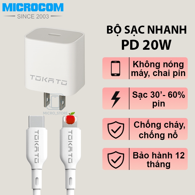 Bộ Sạc Nhanh PD 20W Chính Hãng Microcom, Dùng Cho ip6 - 14prm, không nóng máy, chống cháy.