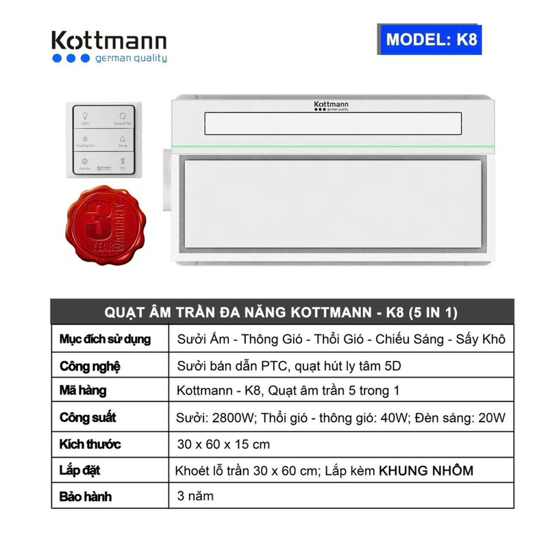 (BH 3 năm) Quạt sưởi âm trần K8 Kottmann đa năng 5in1 (sưởi gốm PTC, thổi gió mát, sấy khô, thông gi