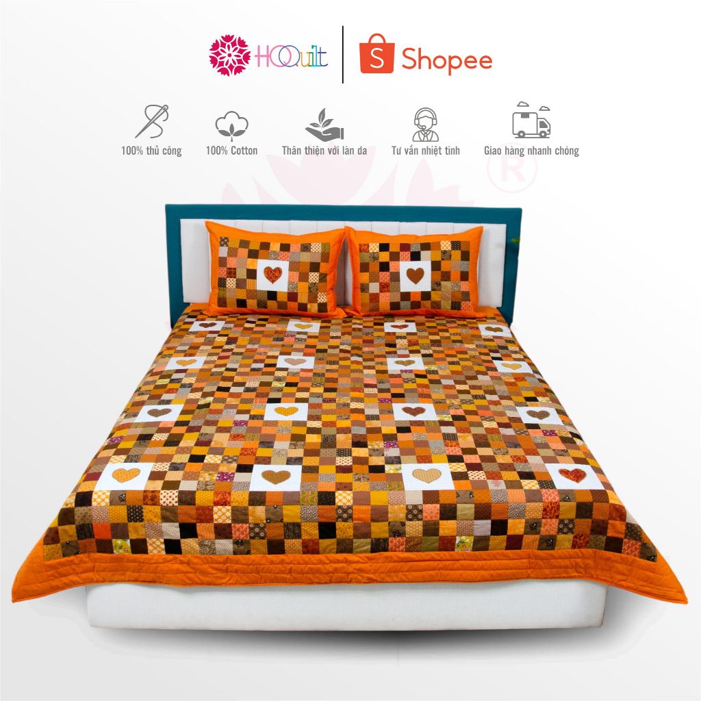 Chăn - Mền Quilt ,Mẫu “Tim Nâu” Quilt Ghép Vải Cotton 100% Chần Tay 4 Mùa Nghệ Thuật Decor Phòng Ngủ
