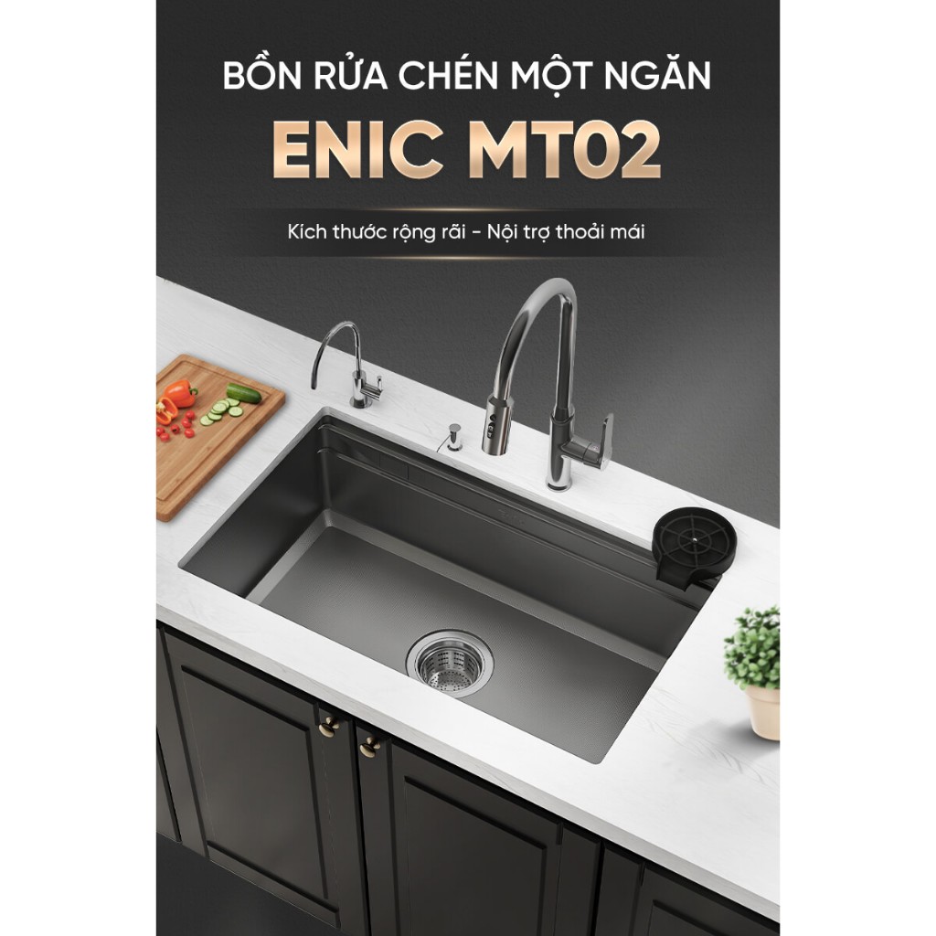 Bồn rửa chén một ngăn Enic MT02, lắp đặt âm tiện lợi, chất liệu Inox SS304 chống hoen gỉ