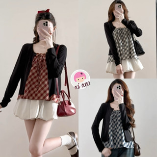  Set áo 2 dây kẻ XIXEOSHOP kèm áo cardigan dài tay phong cách Hàn Quốc - S18 
