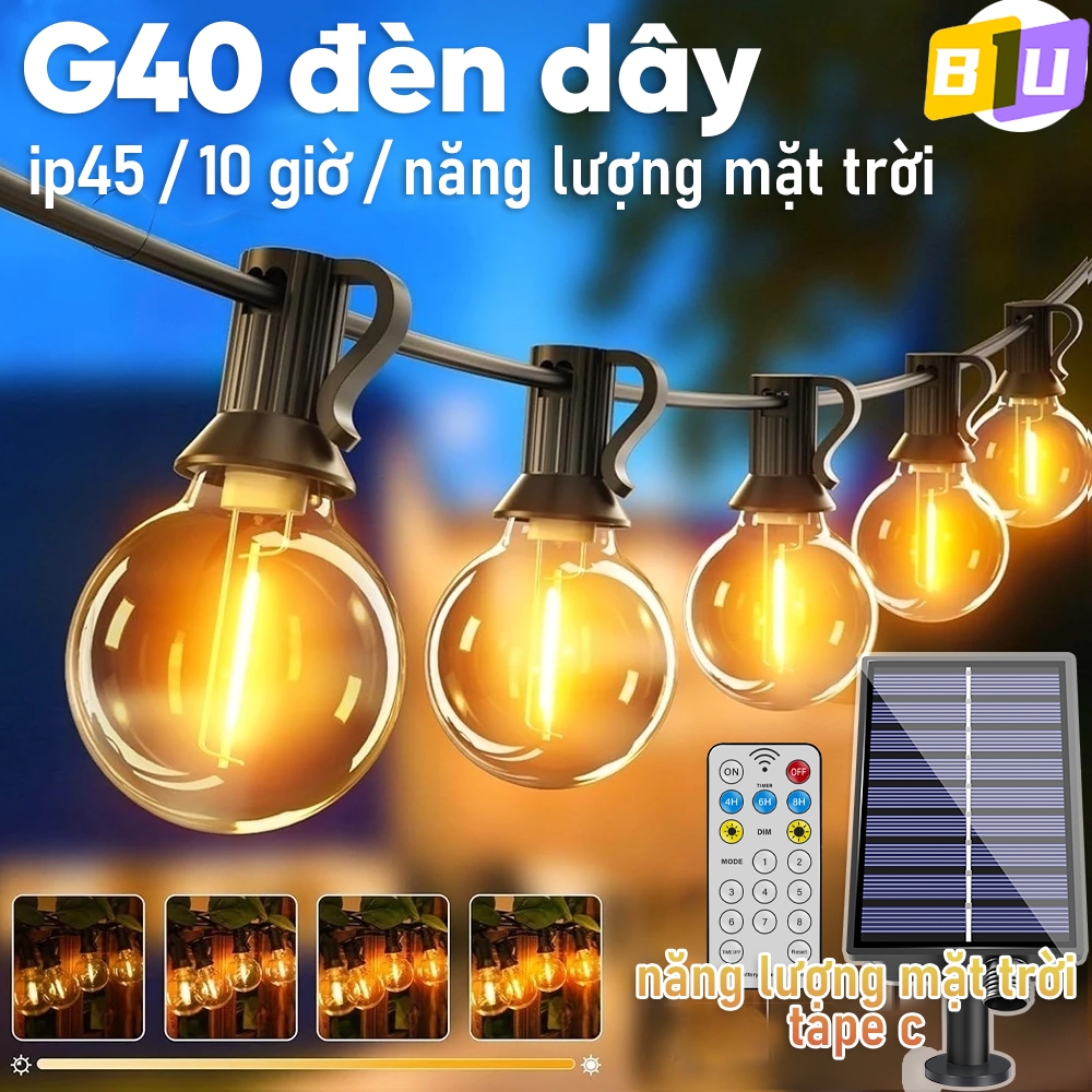 Dây đèn G40 năng lượng mặt trời chống nước, điều khiển từ xa, trang trí ngoài trời, sân vườn, tiệc tùng, lễ hội