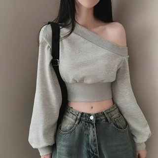  Áo Nỉ Croptop Lệch Vai Dài Tay Áo Trễ Vai Sexy Vải Da Cá Mềm Mịn Thu Đông Phong Cách Hàn Quốc 