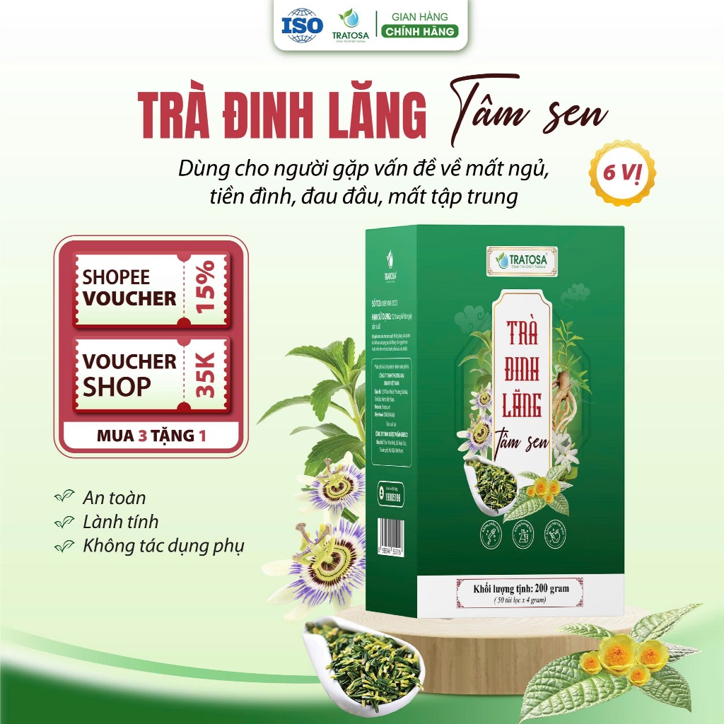 Trà đinh lăng tâm sen TRATOSA 6 Vị thảo dược , 50 túi lọc an toàn từ thiên nhiên
