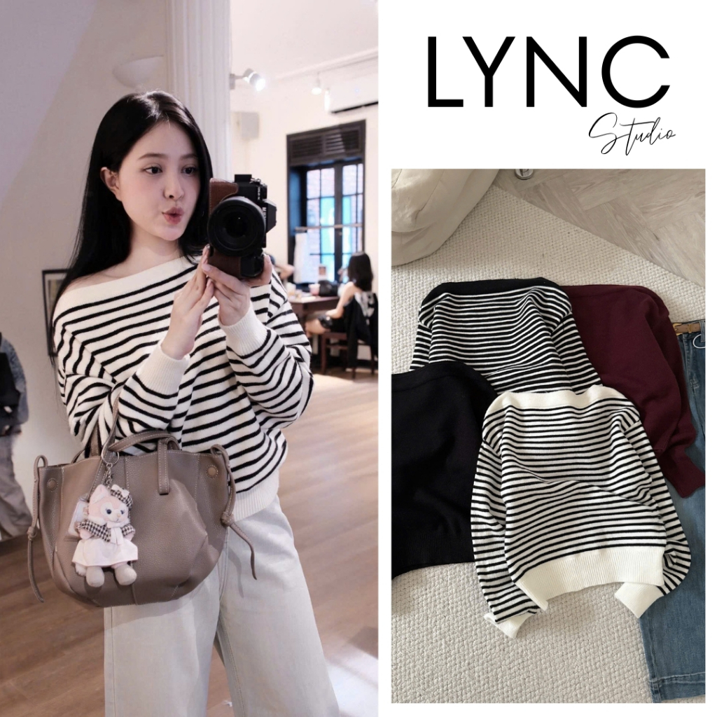 LYNC STUDIO - Áo len trễ vai kẻ ngang dáng vừa form rộng bo vạt áo chất vải mềm LCA8183A