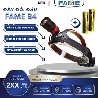  Đèn Pin Đội Đầu FAME B4 Siêu Sáng Kèm 2 Pin Rời 2600mAh=5200mAh Bóng Led Laser Sáng Xa 500m Zoom Xa Gần,+THÊM SẠC USB 