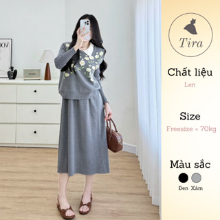  Set len lông thỏ TIRA MAMA M336 Set váy len bầu điệu đà Set váy len bầu thu đông áo thêu hoa cúc 3D 