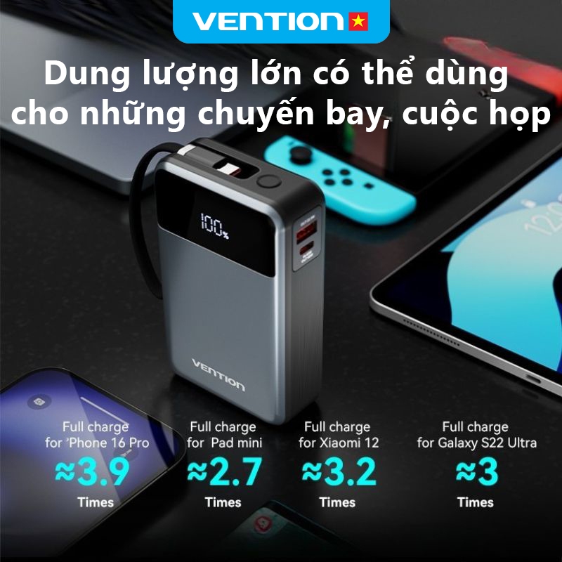 Sạc Dự Phòng 65W Vention 20000mAh, Hỗ Trợ Sạc Nhanh PD, Tích Hợp Cáp Sạc Type-C, Màn Hình LED Dùng Cho Điện Thoại Laptop | BigBuy360 - bigbuy360.vn