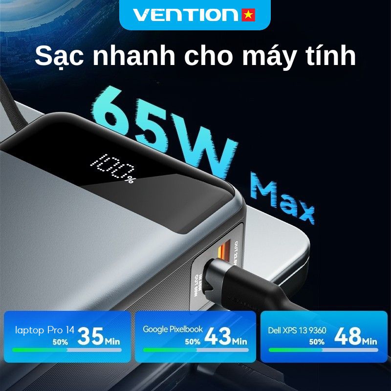 Sạc Dự Phòng 65W Vention 20000mAh, Hỗ Trợ Sạc Nhanh PD, Tích Hợp Cáp Sạc Type-C, Màn Hình LED Dùng Cho Điện Thoại Laptop | BigBuy360 - bigbuy360.vn