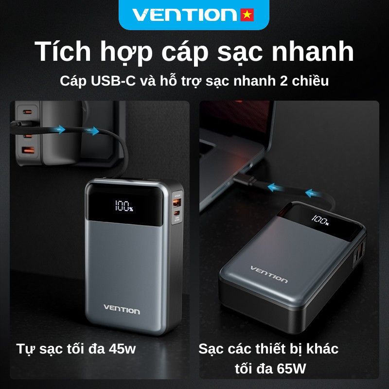 Sạc Dự Phòng 65W Vention 20000mAh, Hỗ Trợ Sạc Nhanh PD, Tích Hợp Cáp Sạc Type-C, Màn Hình LED Dùng Cho Điện Thoại Laptop | BigBuy360 - bigbuy360.vn
