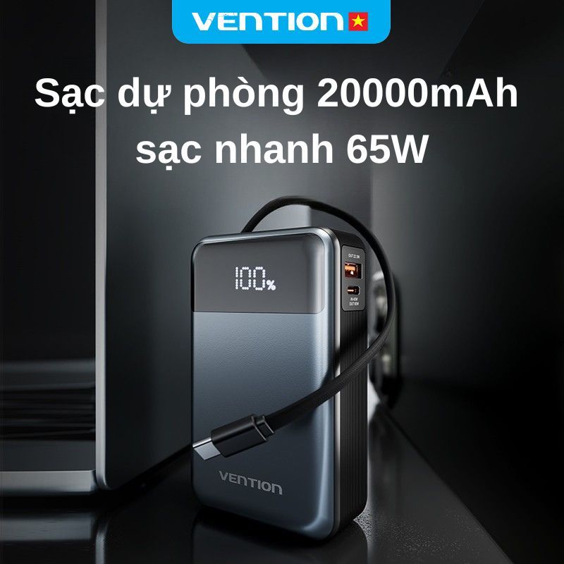 Sạc Dự Phòng 65W Vention 20000mAh, Hỗ Trợ Sạc Nhanh PD, Tích Hợp Cáp Sạc Type-C, Màn Hình LED Dùng Cho Điện Thoại Laptop | BigBuy360 - bigbuy360.vn
