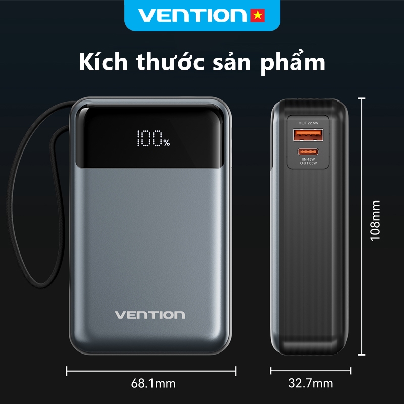 Sạc Dự Phòng 65W Vention 20000mAh, Hỗ Trợ Sạc Nhanh PD, Tích Hợp Cáp Sạc Type-C, Màn Hình LED Dùng Cho Điện Thoại Laptop | BigBuy360 - bigbuy360.vn