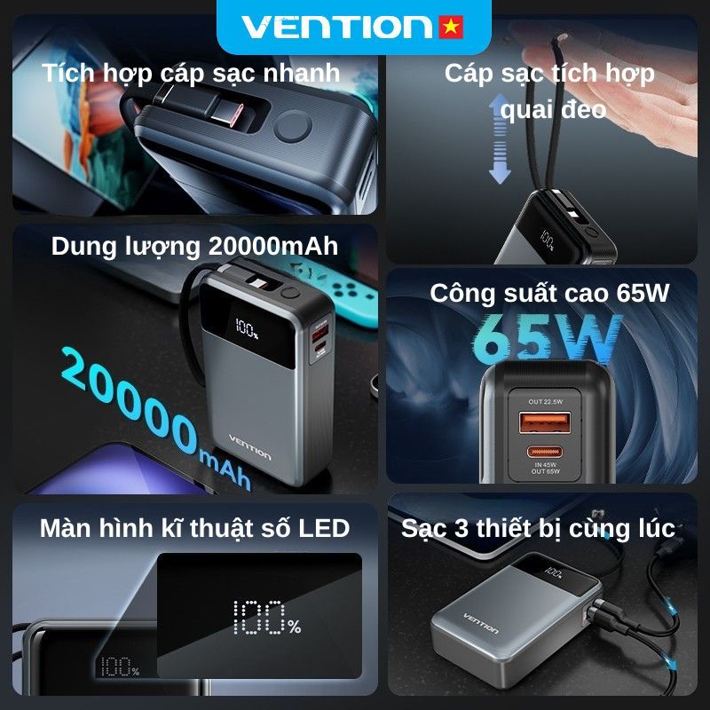 Sạc Dự Phòng 65W Vention 20000mAh, Hỗ Trợ Sạc Nhanh PD, Tích Hợp Cáp Sạc Type-C, Màn Hình LED Dùng Cho Điện Thoại Laptop | BigBuy360 - bigbuy360.vn