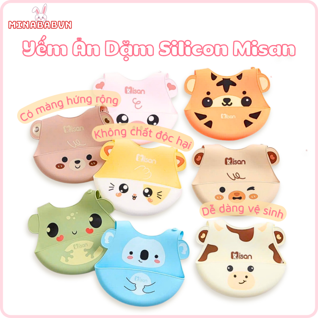 Yếm Ăn Dặm Misan Chất Liệu Silicon Dày Dặn Có Máng Hứng Rộng, Yếm Ăn Dặm Silicon Cho Bé Từ 6m+