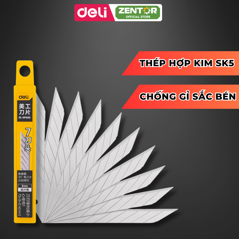 Hộp 10 Lưỡi Dao Rọc Giấy Deli Zentor, Chất Liệu Thép Hợp Kim Siêu Bền Chống Gỉ Sét, Sắc Bén, Mũi Dao 30 Độ