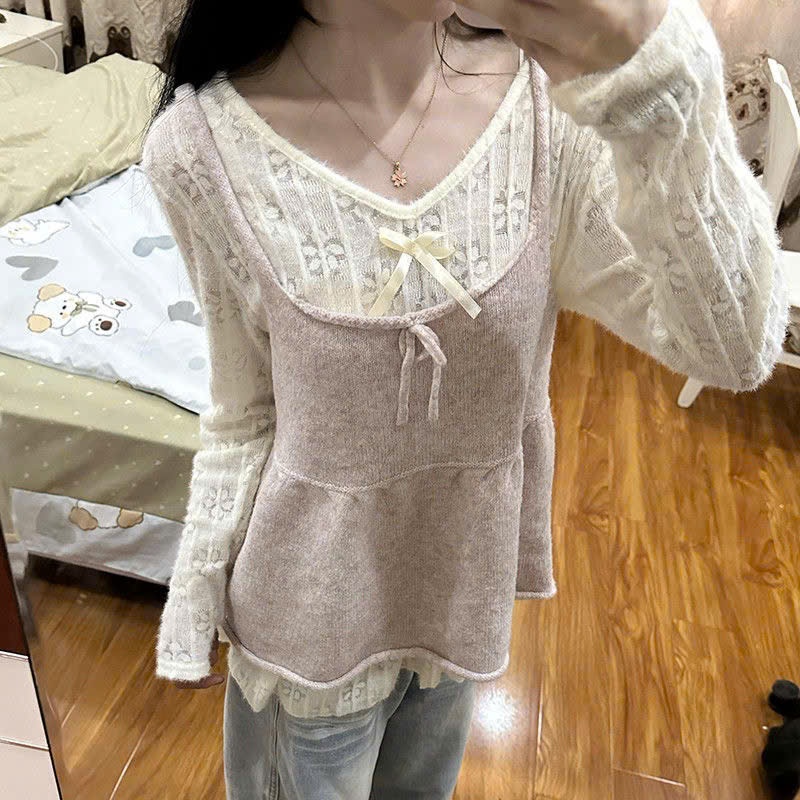 Set Áo Len Nữ Dáng Babydoll Phối Áo Dây Màu Hồng Pastel, Áo Len Nữ Hàn Quốc Ulzzang Dễ Thương, Dáng 