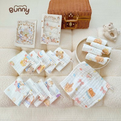 Hộp 5 Chiếc Khăn Sữa Xô 6 Lớp Họa Tiết Cổ Tích Bunny Mềm Mại, Dày Dặn, Thấm Hút Và An Toàn Cho Bé