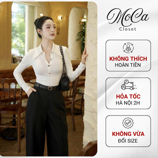  Áo thun nữ ôm body dài tay cổ bẻ chất thun 4 chiều phối quần tây nữ ống rộng lưng cao công sở thanh lịch trẻ trung A2509 