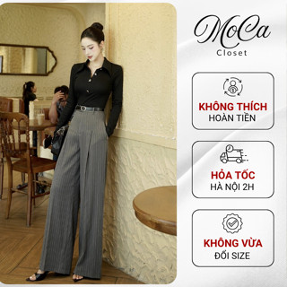  Áo thun nữ ôm body dài tay cổ bẻ chất thun 4 chiều phối quần kẻ tây nữ ống rộng lưng cao công sở thanh lịch trẻ trung 09 