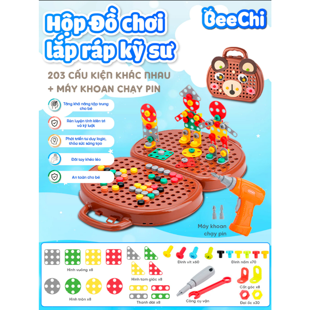 Vali Đồ Chơi Kỹ Sư Lắp Ráp BeeChi - Đồ chơi lego vặn ốc vít - Bản Cao Cấp 2025 Có Khoan Điện
