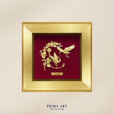 Tranh Mỹ Nghệ Phủ Vàng 24K PRIMA ART - ĐÔI HẠC VÀ CÀNH MAI - BST FORTUNE AND LOVE - Kích thước 18x18cm - VCG-0102-01