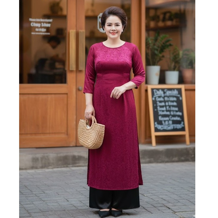 Áo dài cách tân trung niên Lady store họa tiết trơn( áo+ quần)