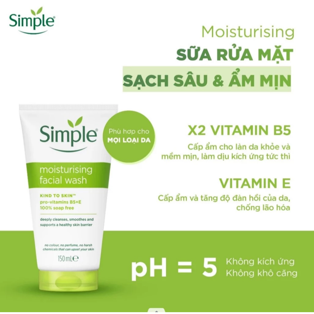 Sữa Rửa Mặt Cấp Ẩm Simple Moisturing Facial Wash Cho Da Khô Da Nhạy Cảm 150Ml