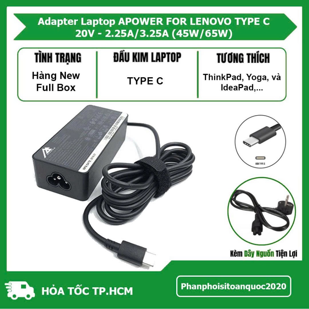 Sạc Laptop APOWER For Lenovo 20V - 3.25A 45W (Chân Type-C) – Adapter Laptop Tương Thích ThinkPad,...