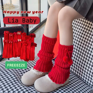  Tất Ống Len Dệt Kim Màu Đỏ Phối Nơ Cục Bông Cho Bé Gái Phong Cách Lolita Giáng Sinh Noel Tết 