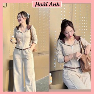  Set Bộ Đồ Nữ Len Tăm Thỏ Áo Khoác Logo Thêu Có Mũ 2 Lớp Dáng Lỡ Mix Quần Suông Dài Ống Rộng 