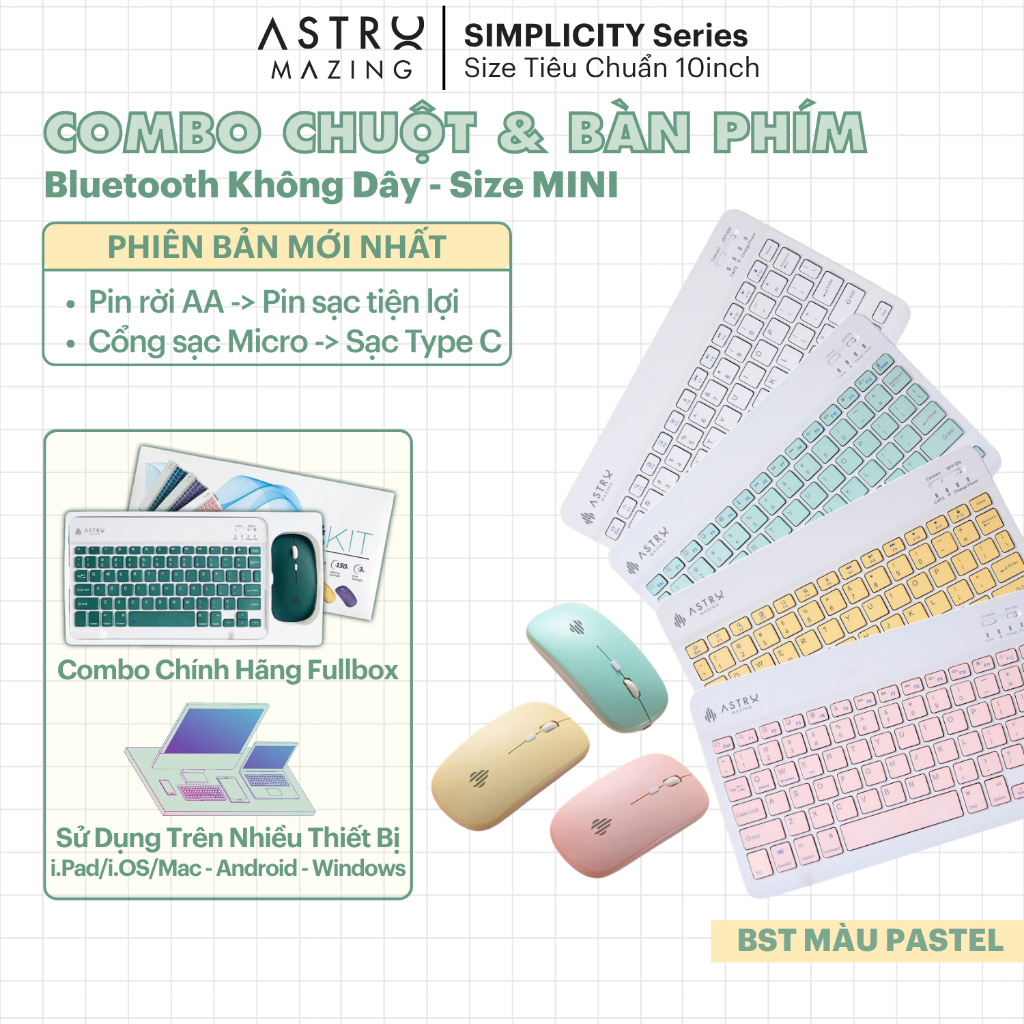  Combo chuột và bàn phím AstroMazing bluetooth không dây size mini cho máy tính bảng tablet 
