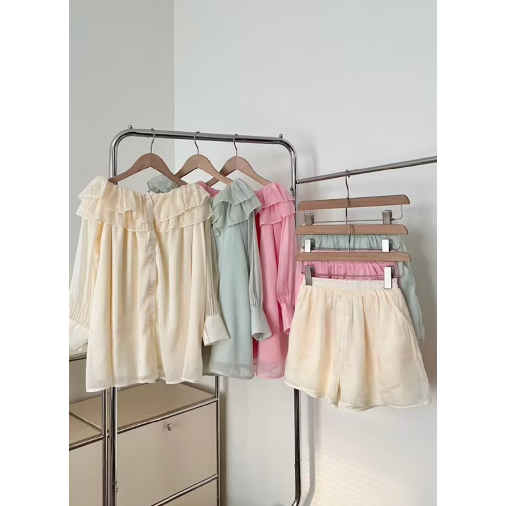 Set voan tơ babydoll trễ vai (xanh mint ảnh thật)