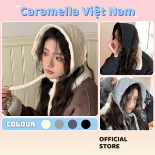  Chụp Tai Lông Caramella Bịt Tai Giữ Ấm Mũ Len Buộc Dây Khăn Len Màu Trơn Dệt Kim Cho Nữ Mùa Đông H167 