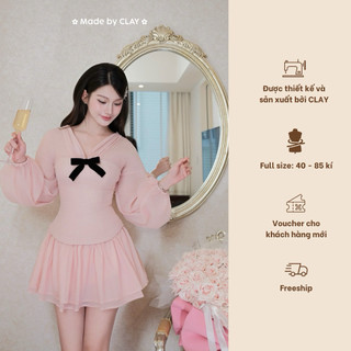C.LAY CLOTHING - Iris Dress Váy tiểu thư dạ tex hai tầng trễ vai tay bồng dài kèm nơ có size S đến XXXL