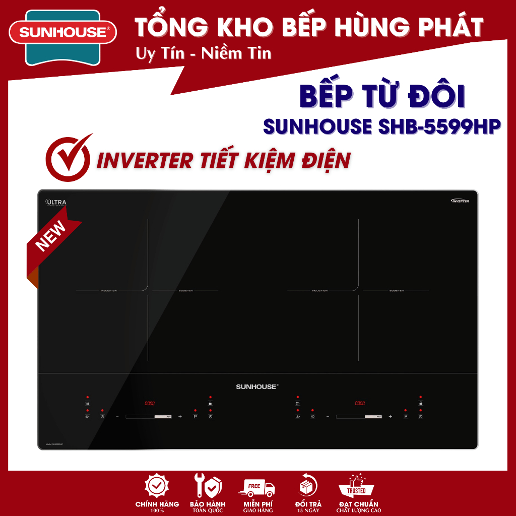 Bếp đôi điện từ sunhouse shb 9101-5599hp nhất 2025, inverter tiết kiệm điện, bảo hành 3 năm