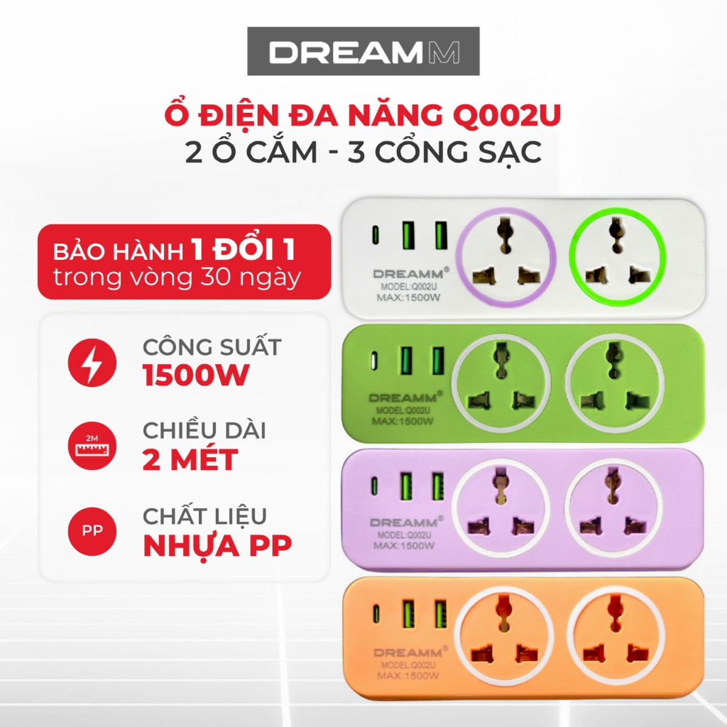 (Mới) Ổ cắm điện đa năng DREAMM Q002U chống giật an toàn, sạc nhanh qua USB, dây dài 2m, chịu tải 1500W