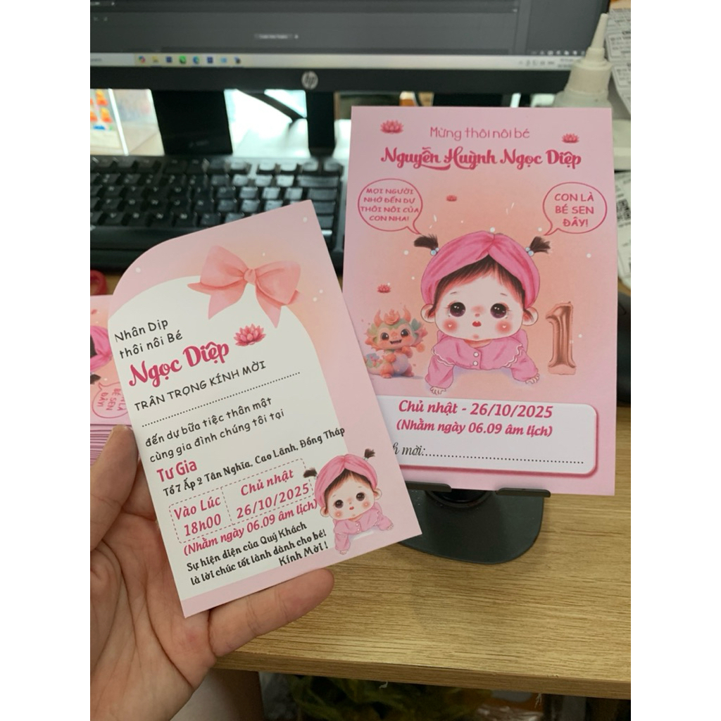 (có sẵn) thiệp thôi nôi đầy tháng bé gái Baby girl 146, in hoàn thiện nội dung in >50 thiệp.