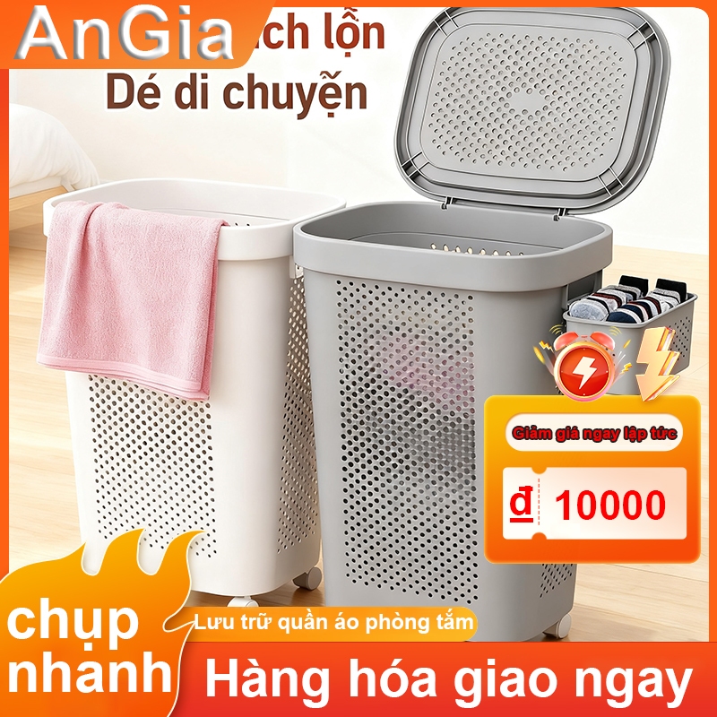 Giỏ nhựa đựng đồ giặt 60L có nắp đậy và bánh xe - Sọt nhựa dày dặn tiện lợi cho gia đình và phòng gi