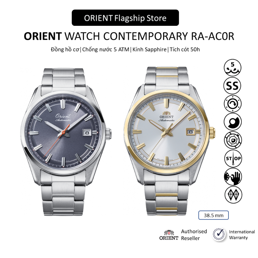 Đồng hồ cơ Nam Orient Watch Contemporary RA-AC0R mặt kính Sapphire lộ cơ dây thép đeo tay chính hãng