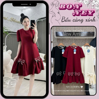  Váy bầu xinh đầm bầu đi tiệc thiết kế dáng babydoll cổ tròn tay ngắn trang trí nơ đáng yêu mặc lên dáng cực xinh 