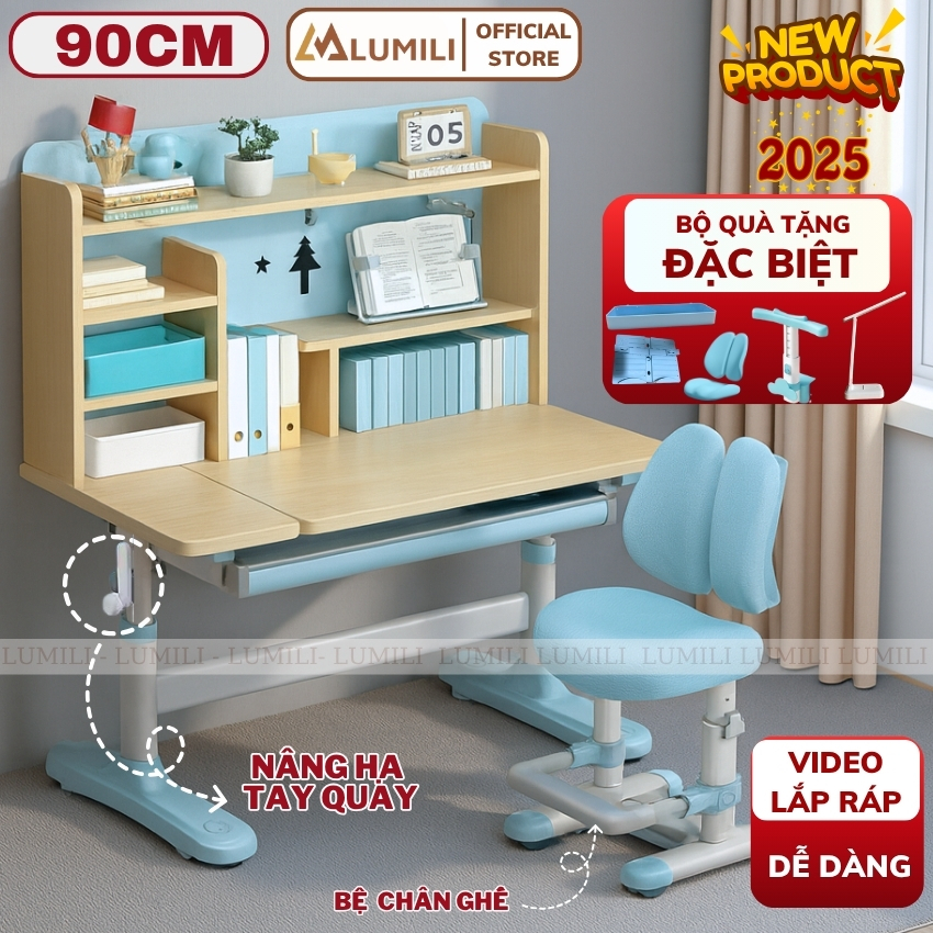 Bàn học chống gù Lumili S910, bàn học sinh mặt bàn rộng 90cm, bàn học trẻ em nâng hạ thông minh