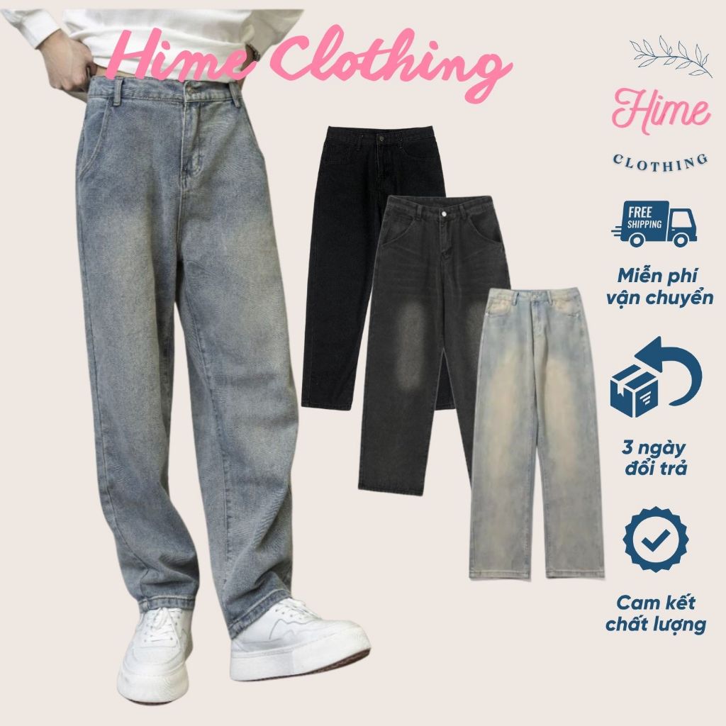 Quần Jean Nam Ống Suông Wash Xanh Retro HIME CLOTHING, Form Suông Chất Liệu Jean Cao Cấp, HOT TREND