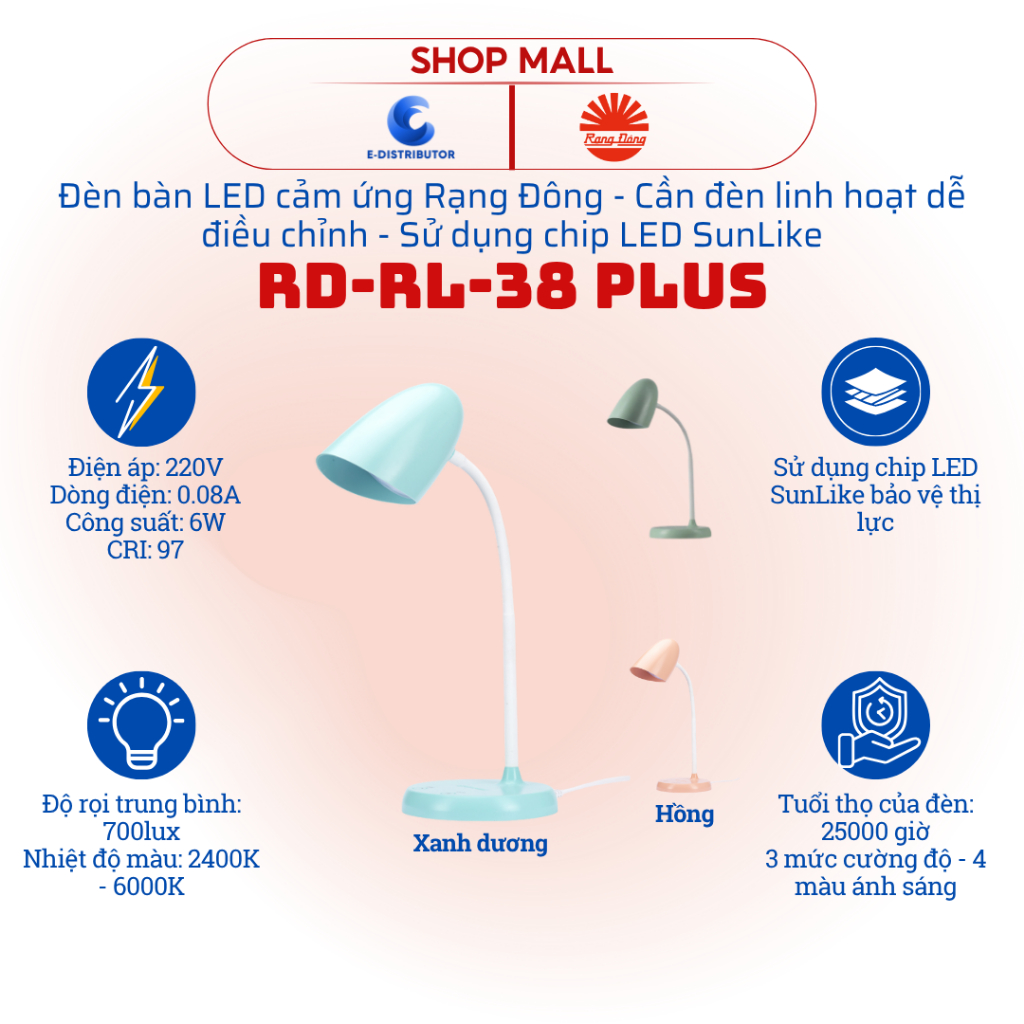 [HỎA TỐC] Đèn bàn học cảm ứng Rạng Đông RD-RL-38 Plus - Hàng chính hãng