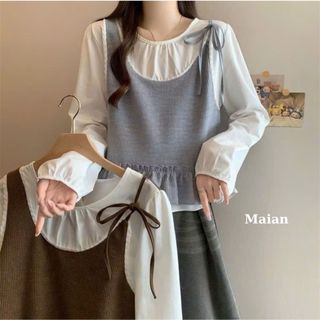 Áo babydoll cổ tròn phối yếm len dày dặn kiểu bồng 2 lớp tay dài Maian áo 1 bên buộc dây nơ dễ mặc dễ phối đồ A5572 