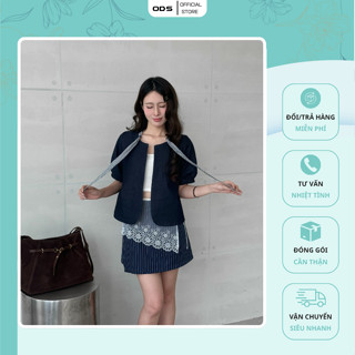  Áo Denim Đậm ODS thiết kế cổ tròn luồn dây caro vạt bầu 2 túi ngực tay ngắn đính gài nút - HE10 
