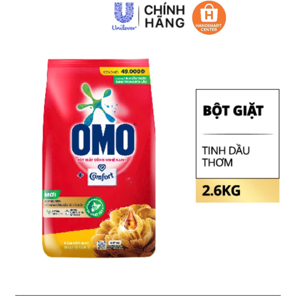 Bột Giặt Tay OMO Comfort Vàng Tinh Dầu Thơm, Hoa hồng Ecuador - Túi 2.6KG