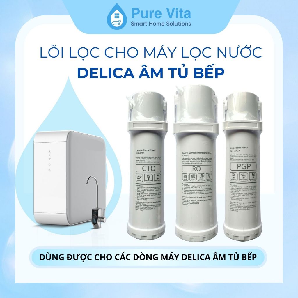 [Date mới - Bảo hành 3 tháng] Lõi lọc cho máy lọc nước RO Delica Âm tủ bếp (PGP, CTO)