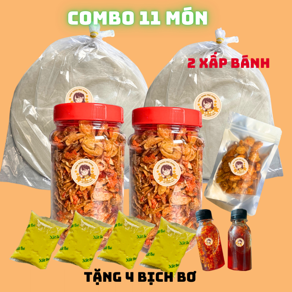 [COMBO 11 MÓN] bánh tráng phơi sương 2 xấp, muối ruốc hành phi 200gr, 4 túi bơ, tóp mỡ, sốt tắc sa