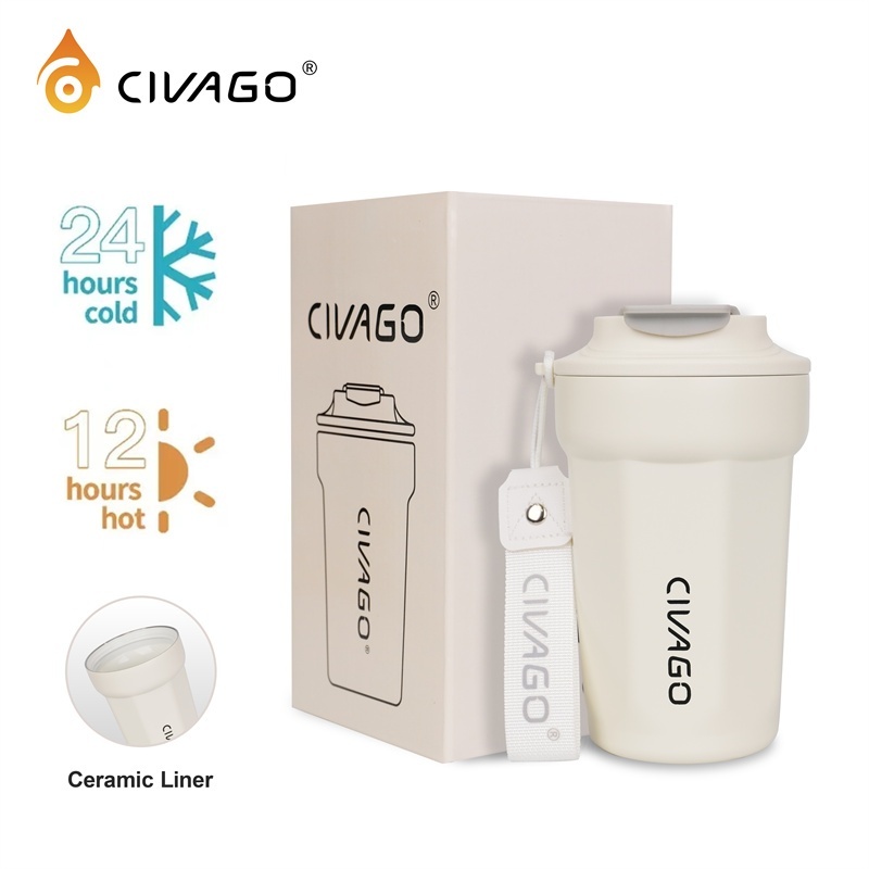 CIVAGO（13oz）Cốc cà phê bằng thép không gỉ lót gốm có nắp bình chân không cốc nóng lạnh | BigBuy360 - bigbuy360.vn