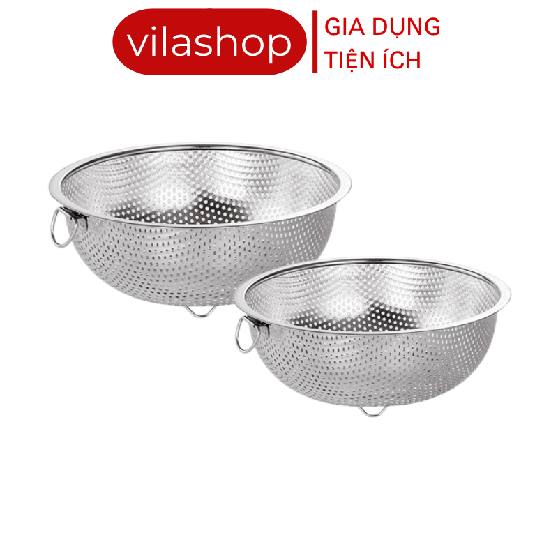 Rổ Inox Cao Cấp Vilahome, Đường Kính 18-21cm Có Móc Treo, Chân Đế Thoát Nước Vo Gạo, Rửa Rau